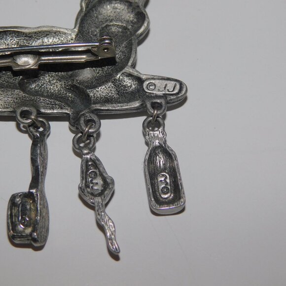 VTG JJ Jonette Jewelry Pewter Cat Brooch Pin Dangling Mouse Milk Yarn Brush bowl - Picture 3 of 4